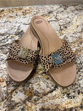 Dr. Scholl's Leopard-Print Slide Sandals in Tan and Black with Gold Accent